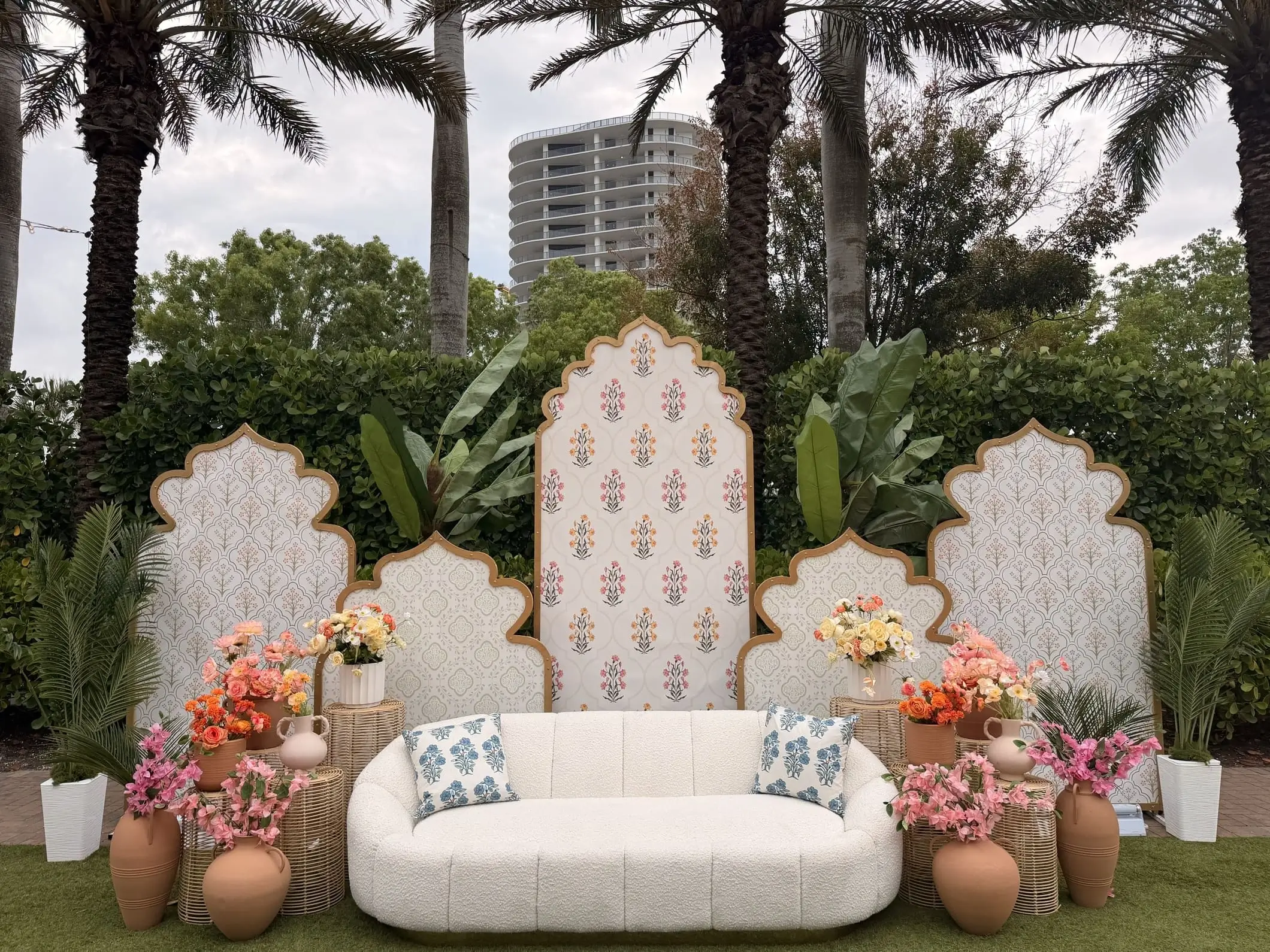 Evening lounge with low candles and florals